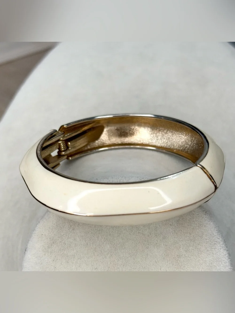 Ivory Enamel Hinged Bangle Bracelet Gold Tone Geometric 3” Statement Cuff